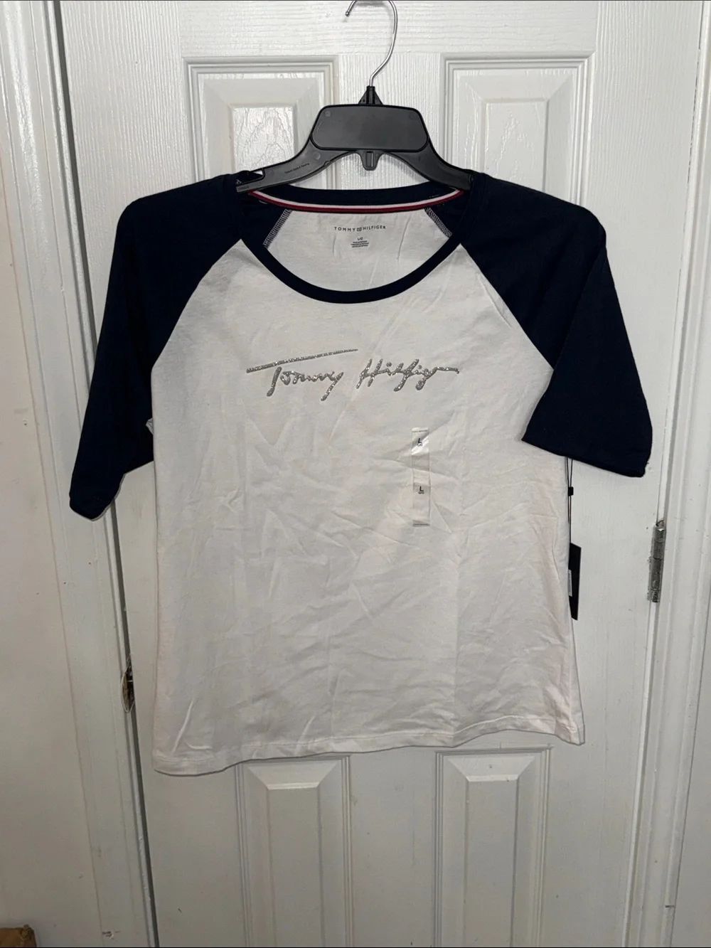 Tommy Hilfiger White Tee with Navy Raglan Sleeves